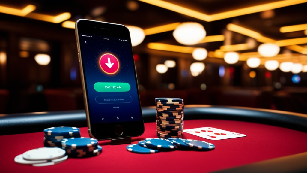 Smartphone showing a download screen on a neon-lit casino table