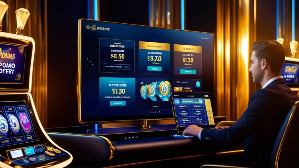 Player viewing casino bonus offers on a glowing screen in a dark casino
