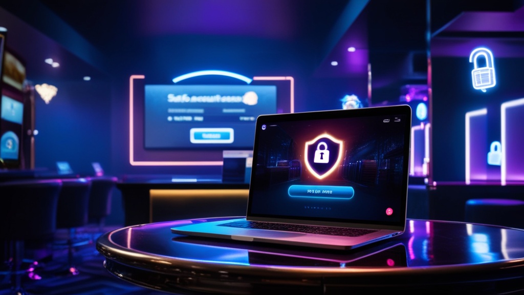 A dark casino lobby with a secure login screen and glowing digital lock icons