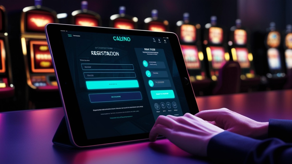 A casino sign-up form glowing on a tablet in a dark neon-lit room